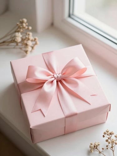 Overhead flatlay of a pastel pink coquette gift box with satin bows and dried florals, soft morning window light