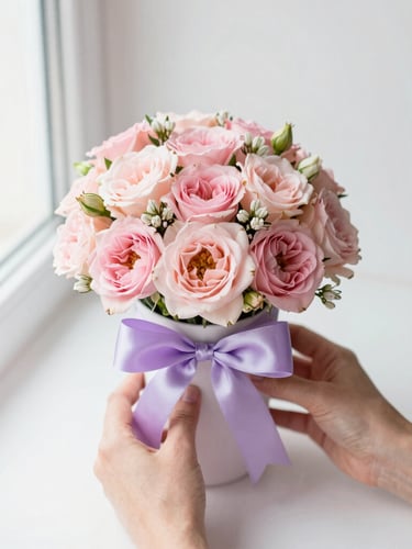Overhead flatlay of hands delicately arranging a custom cup bouquet with blush pink florals and a lavender satin bow, soft morning window light