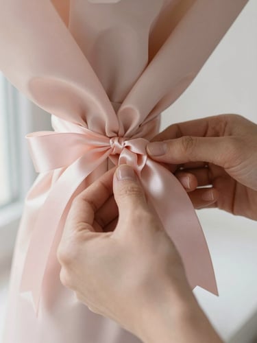 Close-up of hands delicately tying a luxurious blush pink satin ribbon around a custom bouquet, soft morning light, shallow depth of field, 35mm