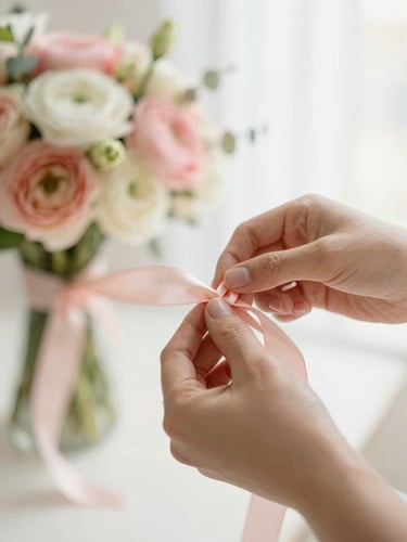 Shallow depth of field close-up of hands delicately tying a blush pink satin ribbon around a pastel cup bouquet, soft morning window light, cream background, 35mm