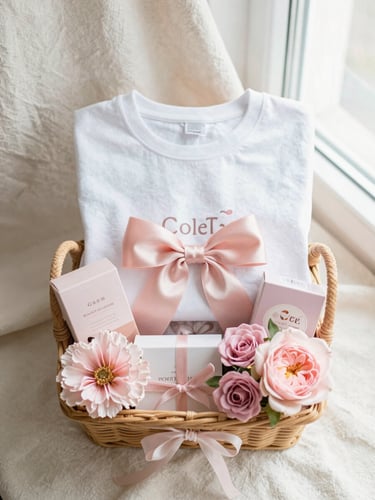 Overhead flatlay of a beautifully organized coquette-inspired gift basket on a cream linen background, featuring a personalized tee with a satin bow, soft pink florals, morning window light, 35mm