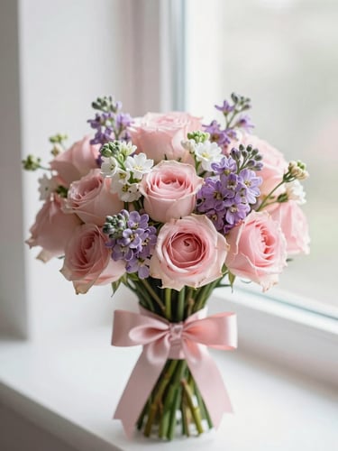 Close-up of a beautifully arranged custom cup bouquet with pastel pink and lavender florals, wrapped with a satin bow, soft morning window light, 35mm