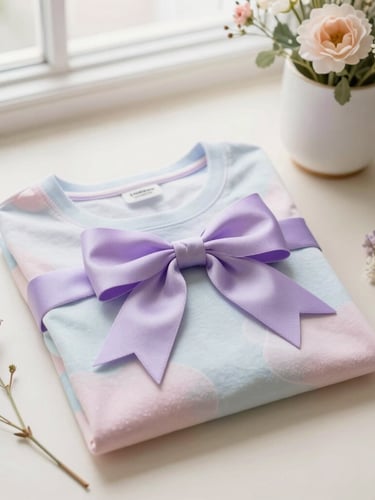 Overhead flatlay of curated gift items: a personalized pastel tee neatly folded with a lavender bow, a custom ceramic cup bouquet, and delicate floral stems on a cream surface, soft morning window light, shallow depth of field, 35mm