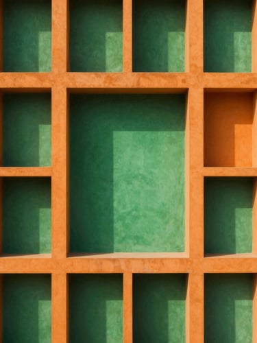 Clean, top-down architectural grid of a vibrant court layout in electric green and high-visibility orange, sharp midday sun casting geometric shadows.