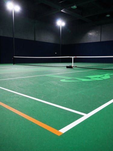 Dynamic low-angle shot of a fully branded championship pickleball court, featuring electric green graphics and bold orange lines under crisp indoor stadium floodlights.