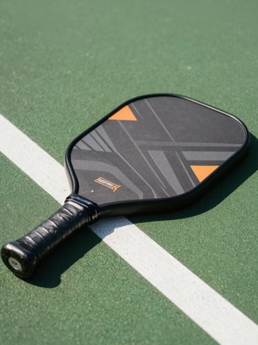 Dynamic low-angle shot of a custom-designed pickleball paddle with bold geometric graphics, resting on a vibrant green court surface with sharp white lines, high-intensity midday sun casting hard shadows.