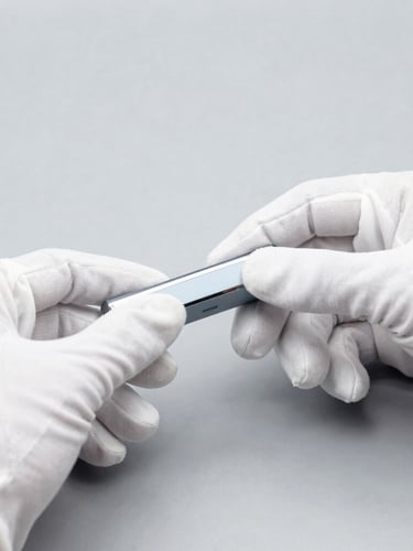 Close-up of hands in white gloves inspecting a modern tech product on a clean gray surface, soft diffused studio light, focus on textures