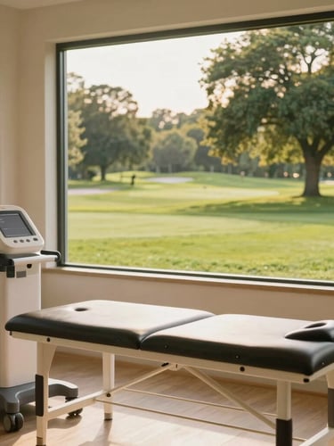A bright, sun-drenched physical rehabilitation room overlooking a lush green park golf course, premium medical equipment, warm neutral tones, 35mm photography
