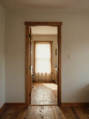 Wide interior view of a modest but well-kept Texas home, a wooden doorframe in the center leading to a sunlit hallway, warm afternoon light streaming through gauze curtains, neutral walls, a worn oak floor suggesting decades of life lived here — photographed from slightly low angle, generous negative space on the right edge