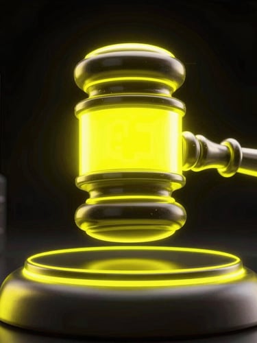 Extreme close-up of a glowing neon digital gavel striking a metallic surface, dark cyberpunk background, high-contrast yellow accents, bold composition