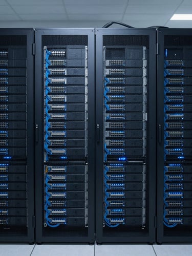 Symmetrical wide shot of a clean modern server room, neatly organized server racks with structured blue Cat6 cabling, subtle blue LED indicator glows, cool-toned professional lighting, 35mm