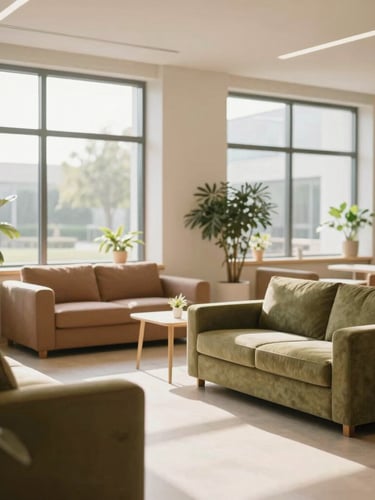 A wide, bright, and clean common area of a high-end residential rehabilitation clinic, featuring comfortable, warm-toned furniture, natural light streaming through large windows, green plants, and a sense of calm and order, soft natural morning light, earthy tones and olive greens, shallow depth of field, 35mm lens, no people visible.