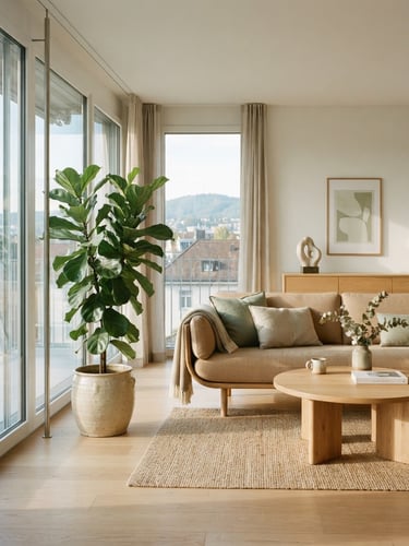 Bright editorial interior photography of a sun-drenched Zurich living room with minimalist oak furniture, clean architectural lines, and a large fiddle-leaf fig plant in a ceramic pot, soft morning daylight, 35mm
