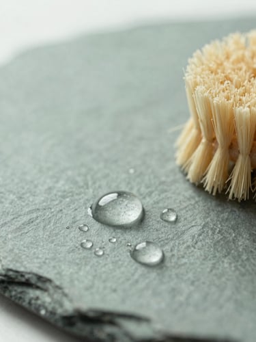 Macro close-up of water droplets on a smooth natural slate surface, with a soft wooden cleaning brush made of light beech wood nearby, bright morning daylight, minimalist composition, 35mm