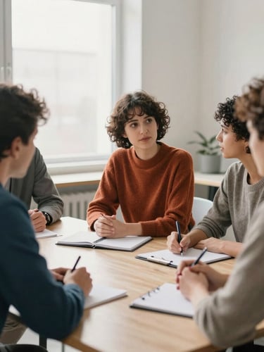 A professional collaborative meeting in a bright office, diverse people in warm sweaters talking around a table with notebooks, soft natural light, respectful and focused atmosphere