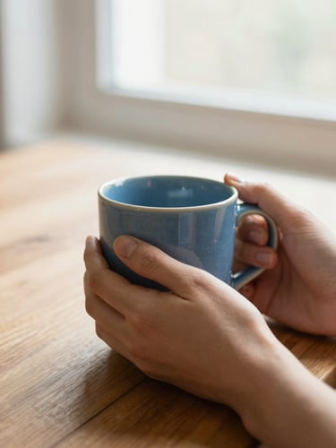 Close-up of warm hands holding a ceramic mug on a wooden table, soft natural window light, muted petroleum blue and terracotta tones, shallow depth of field