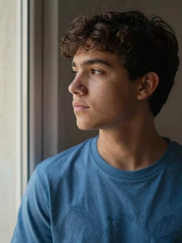 Warm respectful portrait of a young person in Argentina looking thoughtfully near a window, soft natural afternoon light, muted petroleum tones.