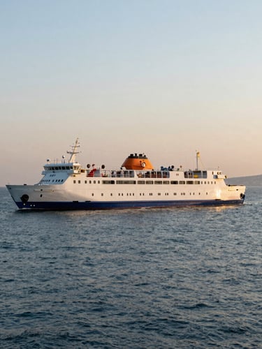 Atmospheric wide-angle shot of the Yalova-Istanbul coastal transit at golden hour, a sleek ferry moving across calm blue waters, soft horizon.