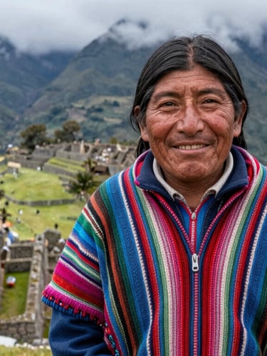 Dignified portrait of an indigenous Quechua guide smiling warmly, wearing a traditional colorful chullo, with the ancient stone ruins of Isla del Sol behind him.