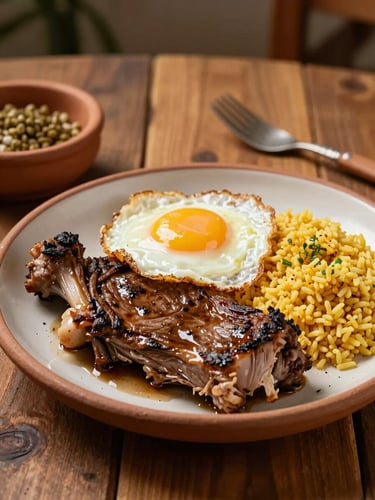 Primer plano de un plato tradicional de majadito de charque humeante, huevo frito encima, arroz dorado, servido en plato de barro rústico sobre mesa de madera.