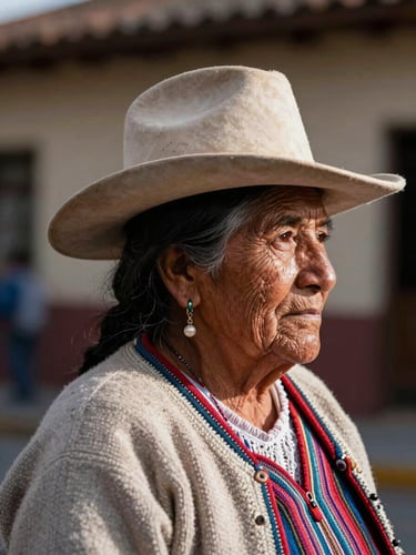 Retrato de perfil de una mujer anciana boliviana con sombrero tradicional, arrugas profundas que reflejan sabiduría, luz natural lateral dramática.