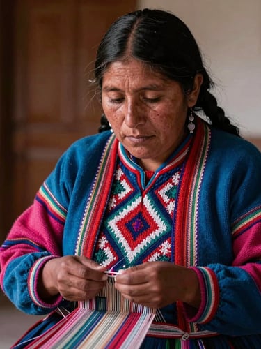 Cinematic portrait of a Bolivian weaver in Tarabuco, focusing on the intricate geometric patterns of her handwoven lliclla, warm natural side-light, shallow depth of field.