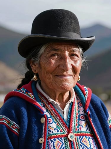 Cinematic portrait of an elderly Bolivian woman in traditional pollera and bowler hat, smiling warmly, soft Andes mountain light in the background, high contrast.