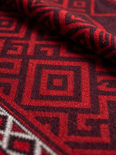 Primer plano detallado de textiles andinos tradicionales con patrones geométricos en tonos rojos y vino, texturas de lana tejida a mano.