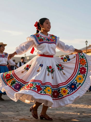 Cinematic wide shot of a traditional Bolivian dancer spinning in a vibrant, embroidered pollera during the Oruro Carnival, golden hour light highlighting the detailed textures.