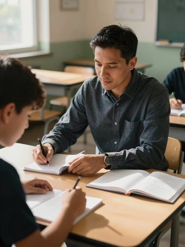 Close environmental shot inside a community center classroom, a mentor seated across a table from a teenage student, both looking down at open notebooks, natural window light from the left casting warm shadows across the table surface, hands visible mid-gesture, authentic and unposed
