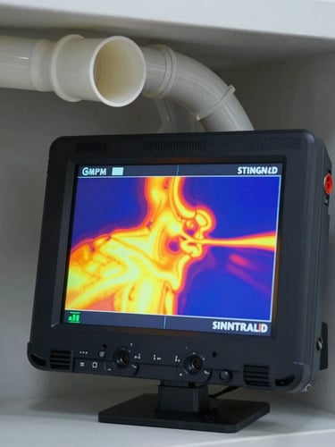 A close-up shot of a professional thermal imaging screen displaying high-contrast heat signatures of modern PVC conduit pipes inside a clean utility wall, cool bright lighting, sharp focus on technical instrumentation.