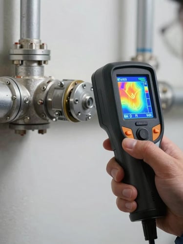 Close-up sharp macro shot of a technician holding a professional thermal imaging camera displaying a vivid heat map of a pipe junction behind a wall, cool bright lighting, technical-industrial precision.