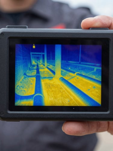 Close-up macro shot of a rugged thermal imaging camera screen displaying high-contrast heat signatures of subsurface pipes, cool blue and bright yellow thermal gradients, held by a technician in a dark gray uniform, clean daylight.
