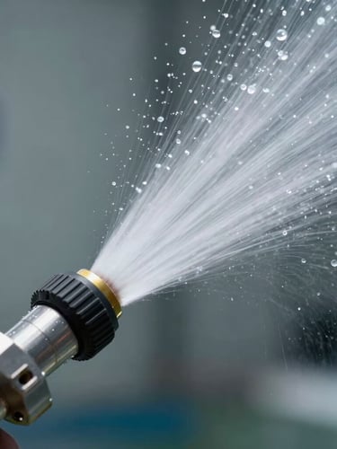 Macro shot of a high-pressure water jetting nozzle emitting a clean, high-velocity stream of water inside a transparent test pipe, sharp focus on water droplets, cool bright lighting.