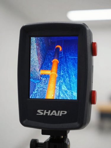 Sharp macro shot of a thermal imaging camera screen displaying heat signatures of water pipes behind concrete, cool blue and high-clarity orange highlights, bright workspace lighting.