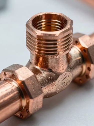 Macro shot of a pristine, modern copper pipe junction with clean fittings, bright cool lighting, high-contrast technical detail