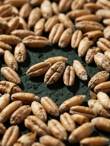 Extreme macro close-up of raw spelt grains on a deep forest green concrete slab, sharp architectural shadows, high-contrast studio lighting, 50mm lens