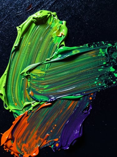 Extreme close-up of thick oil paint texture on canvas, deep black background with vibrant neon green and orange brush strokes, dramatic low-key studio lighting, 35mm art photography.