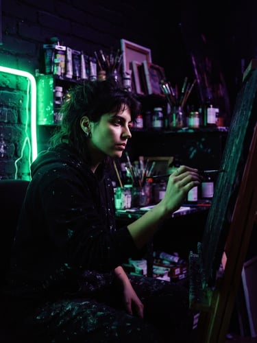 Portrait of the artist Isadora in her dark studio, half-lit by vibrant neon green light, holding a paintbrush, dramatic low-key lighting, 35mm art photography.