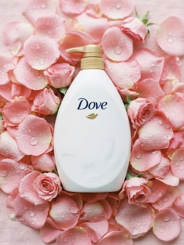 Elegant close-up flat lay of a white Dove body wash bottle nestled among soft pink rose petals and delicate water droplets, bright diffused natural light, pastel pink background, 35mm photography