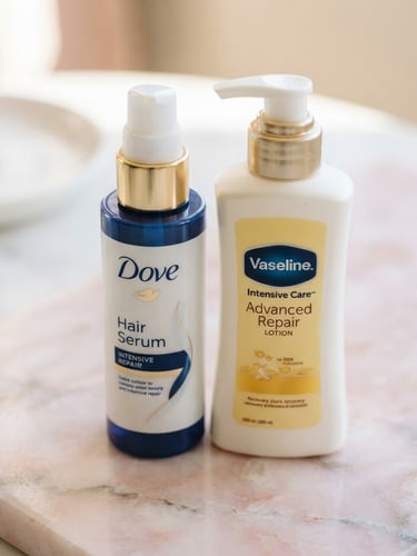 Close-up macro shot of Dove hair serum and Vaseline recovery lotion bottles on a soft pink marble surface, bright diffused natural light, 35mm