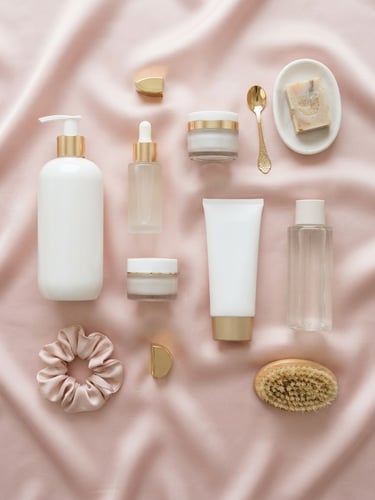 A clean top-down flat lay of Unilever beauty products on a soft pink silk fabric, bright diffused natural light, professional product photography