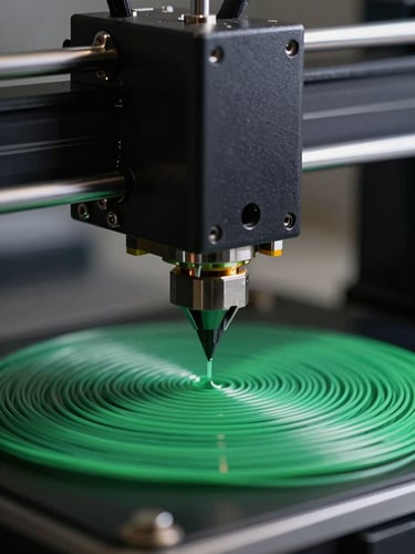 Macro shot of a high-precision 3D printer nozzle extruding clean green filament, technical workshop background, soft dramatic side-lighting, 35mm