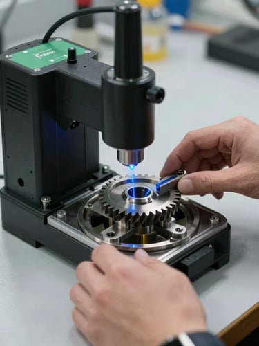 Hands operating a 3D Maker Pro Mole scanner on a complex mechanical metal gear, blue laser projection lines visible, clean workshop workbench, 35mm