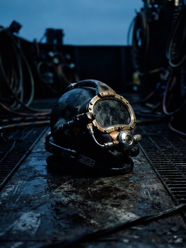 Dramatic low-key cinematic film photograph of a commercial diver helmet resting on a steel deck, cool blue ambient light, high-contrast key light on metallic details