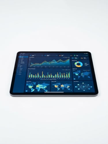 Bright high-key studio shot of structured data visualizations on a modern tablet, crisp white background, sharp focus, 50mm