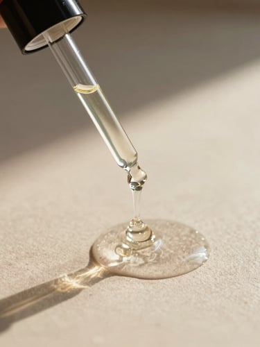 Close-up of clean glass bottle with pipette dripping clear face oil onto a textured beige surface, soft morning light, elegant shadows.