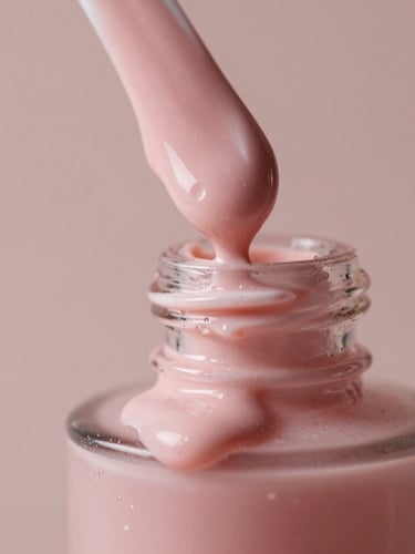 Extreme close-up of textured pink vegan face cream dripping slowly down a minimalist glass bottle, soft morning light, dewy background