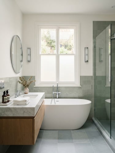 Symmetrical architectural shot of a newly renovated luxury bathroom, perfectly aligned sage green tiles, chrome fixtures, bright natural daylight, 35mm