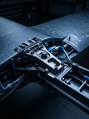 Macro close-up of a carbon-fiber unmanned aircraft wing joint, high-fidelity aerospace schematics overlaid, cool high-contrast studio lighting, sharp shadows, crisp blue accents